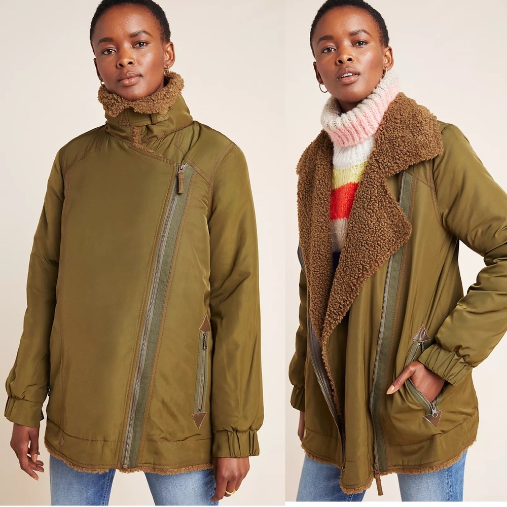 By Anthropologie Joni Sherpa Aviator Lined Moto Jacket Parka Size XL